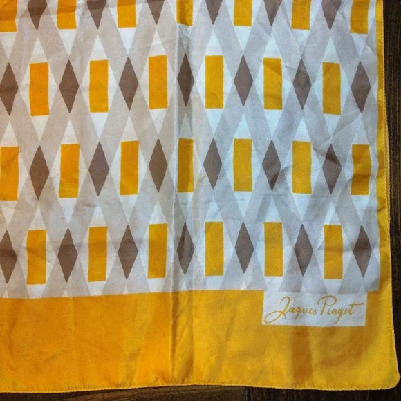Jacques Piaget Scarf 100% Acetate Geometric Print Yellow Brown White Made Italy